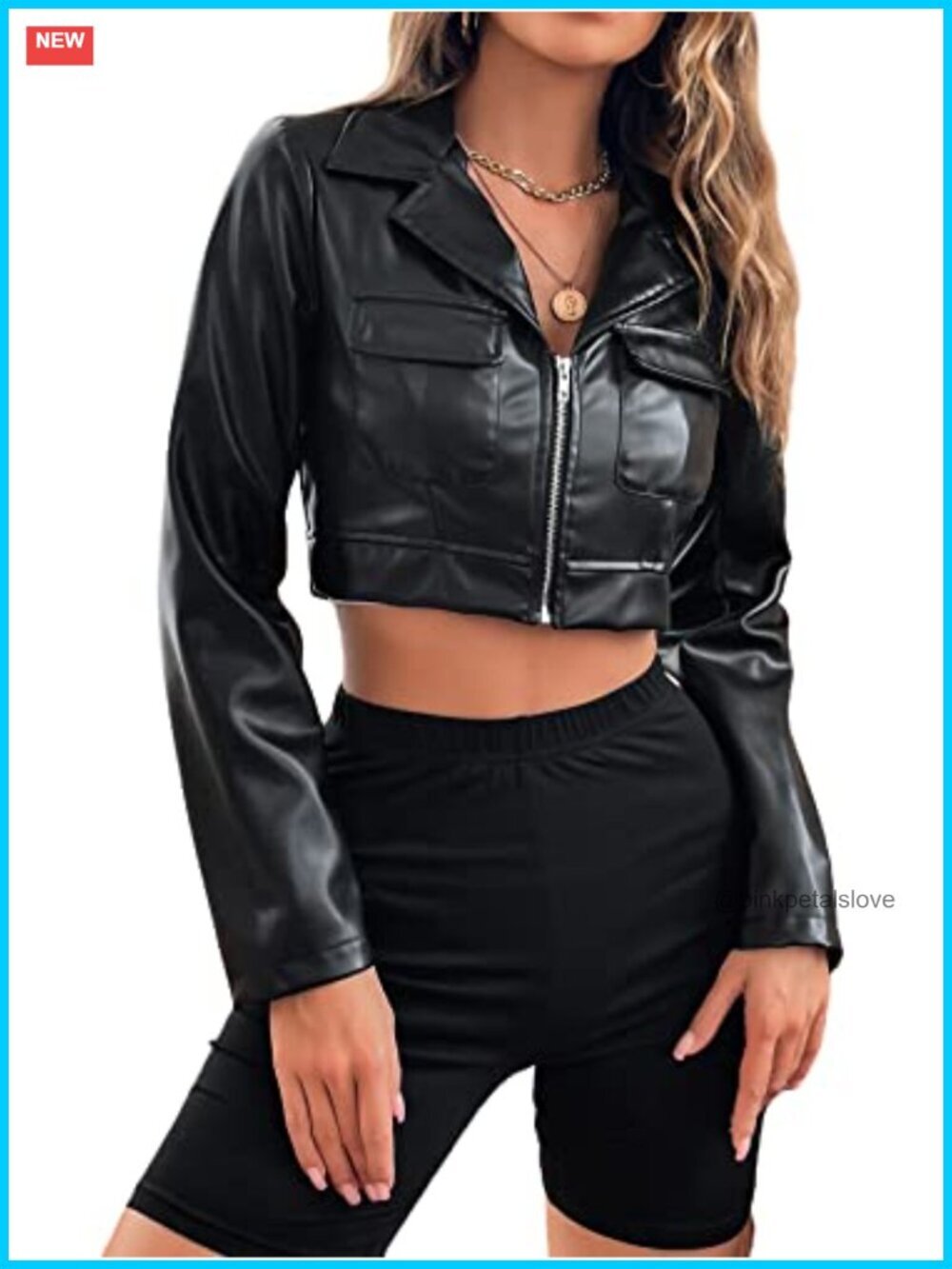 Faux Leather Cropped Jacket with Zipper and Flap Pockets